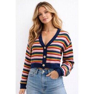 Purple Snow Rainbow Stripe Knit Cardigan Sweater Button Front Size L Boho 90’s